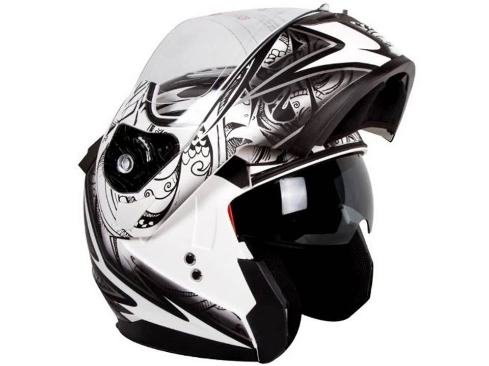 Dual Visor Modular Flip up Matte Black and White Demon Samurai Motorcycle Snowmobile Helmet