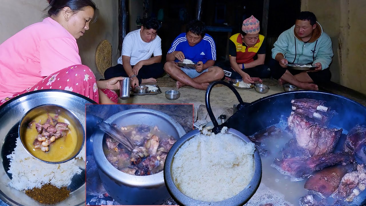 PIG legs soup gravy curry at our dinner with Diwaaz Brother || Nepali village kitchen || PORK