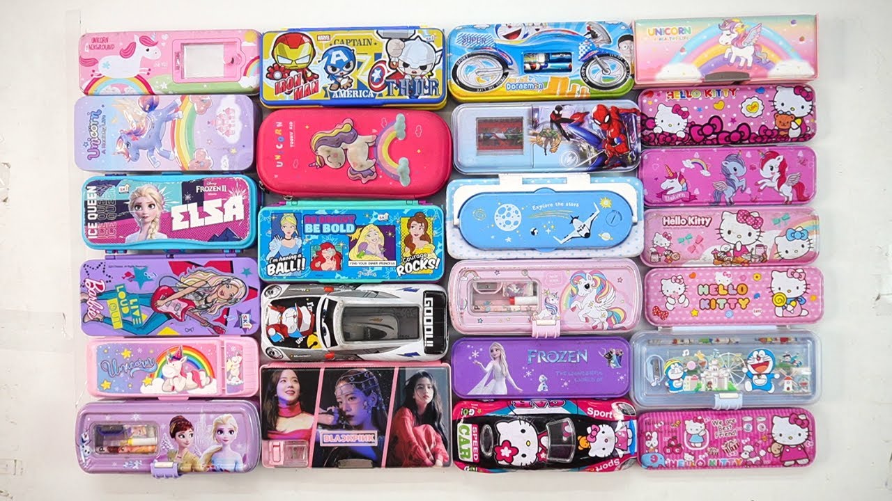 school unicorn stationery collection 😁 geometry,hello kitty,pencil box,sharpener,eraser, doreamon
