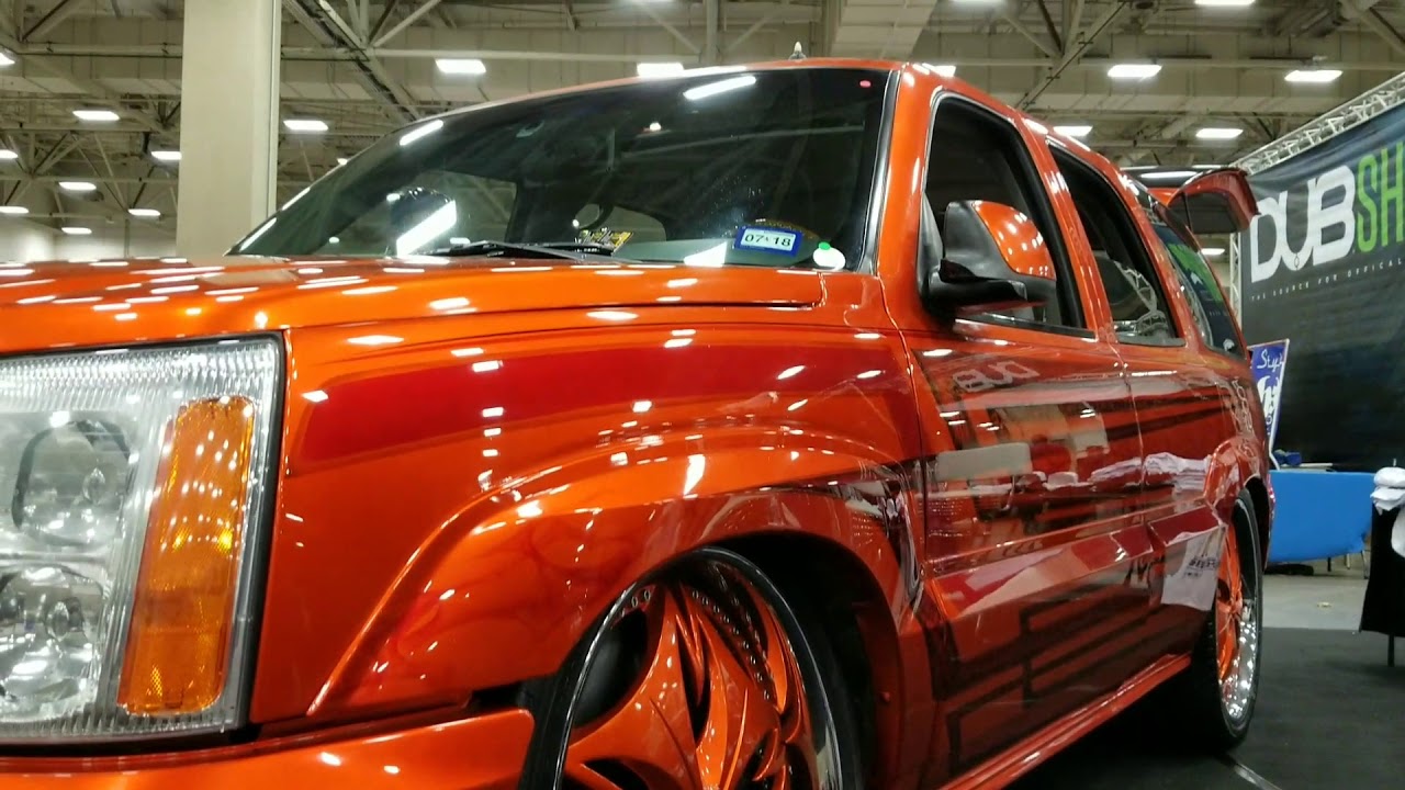 MODIFIED ORANGE CADILLAC ESCALADE DUB WHEELS FULL CUSTOM AUDIO SPEAKERS