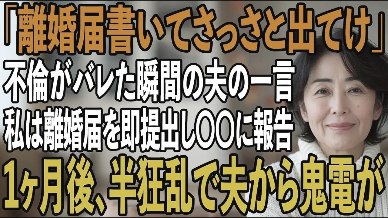 私「実家に帰ります」夫「離婚届書いてさっさと出てけ！」不倫がバレた瞬間夫はそう言った。離婚届を即提出し〇〇に報告すると...1ヶ月後、半狂乱の夫から400件の鬼電が【シニアライフ】【60代以上の方へ】