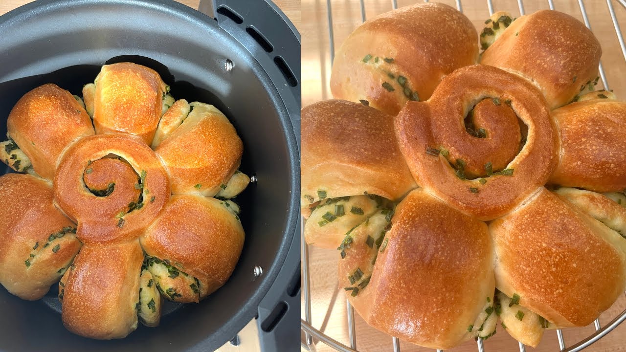 氣炸鍋做香蔥麵包😋 太好吃了❗️沒想到氣炸鍋做麵包也這麼好吃 Air Fryer Green Onion Bread