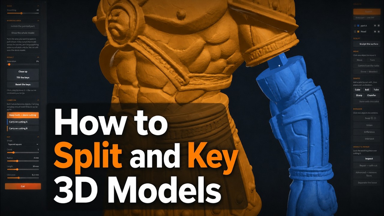How to split a 3d print dile and add keys easily