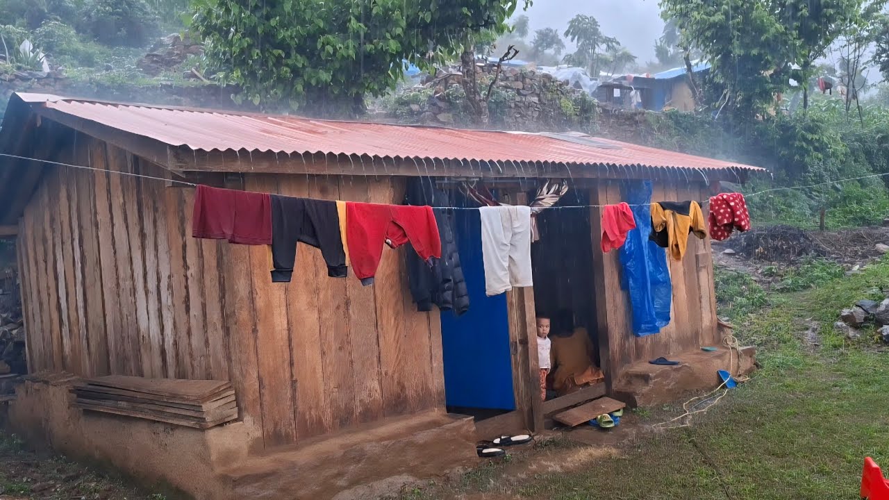 Heavy rainfall in mountain rainy day in village rainfall in village heavy rain in summer season 