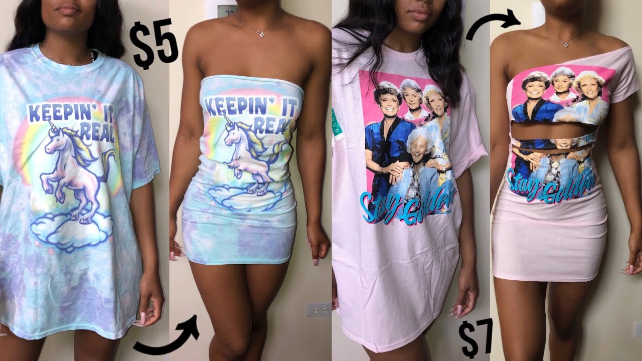 OVERSIZED T-SHIRT TO DRESS IN MINUTES | CLOTHING HACKS VIDEO | UPCYCLING CLOTHES
