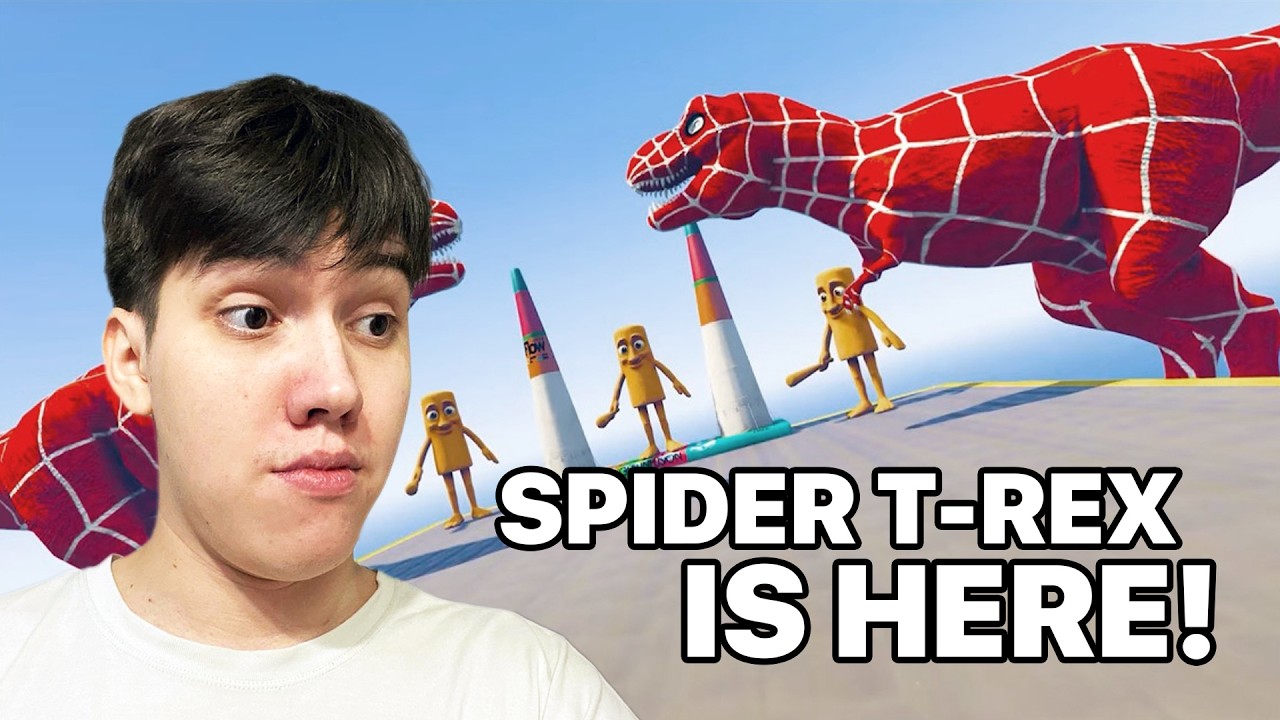 GTA V SPIDER-MAN, Superheroes by Quad Bike Ride Over the Sea on the Spider Shark Bridge by T-Rex