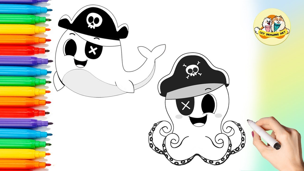 How to Draw Cute Pirate Sea Animals | Whale & Octopus Easy Drawing🐋🐙