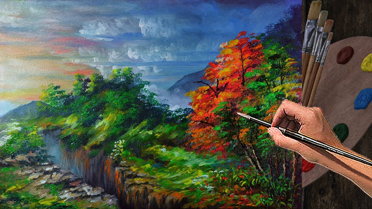 Easy Landscape Painting with Acrylics | Mountain Cliff during Sunrise