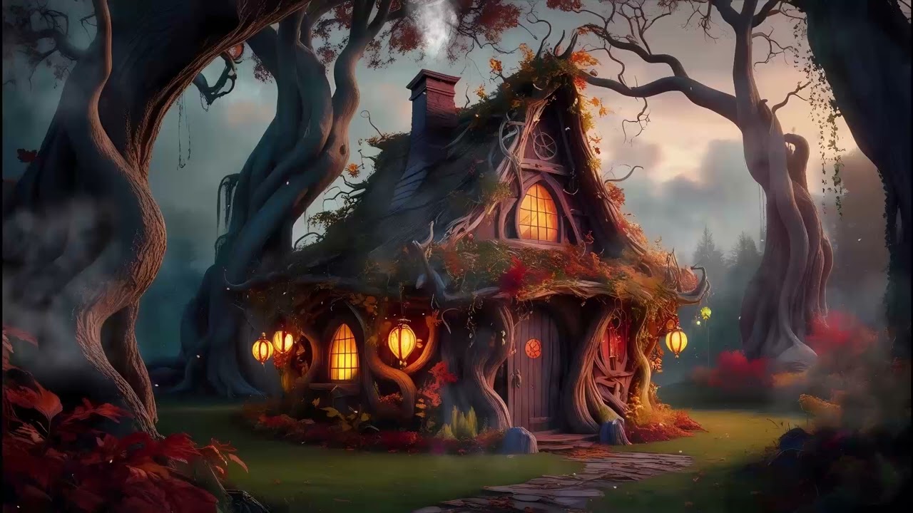 Witch Hut Hidden in the Forest. Medieval and Harp Music and Ambience Sounds.