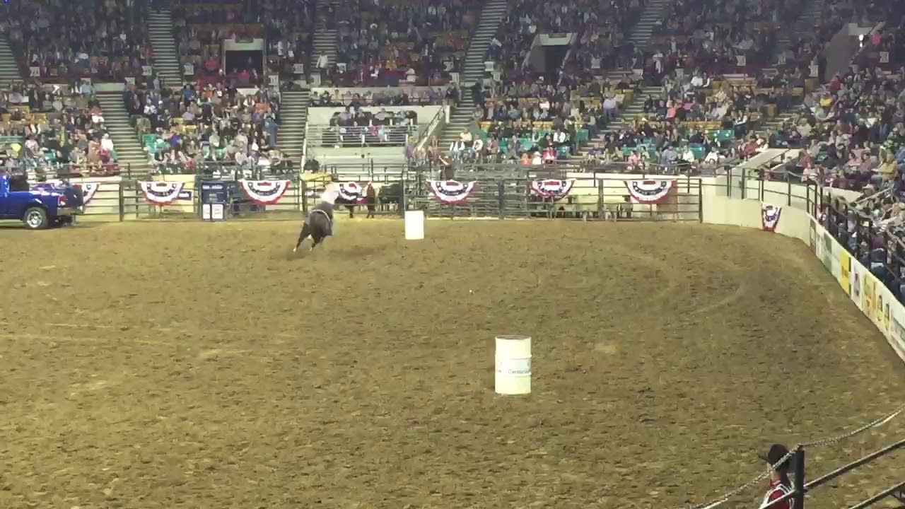 Dena Kirkpatrick at 2018 Denver PRCA Rodeo winning the round on Shawnee Kate a 2005 mare.