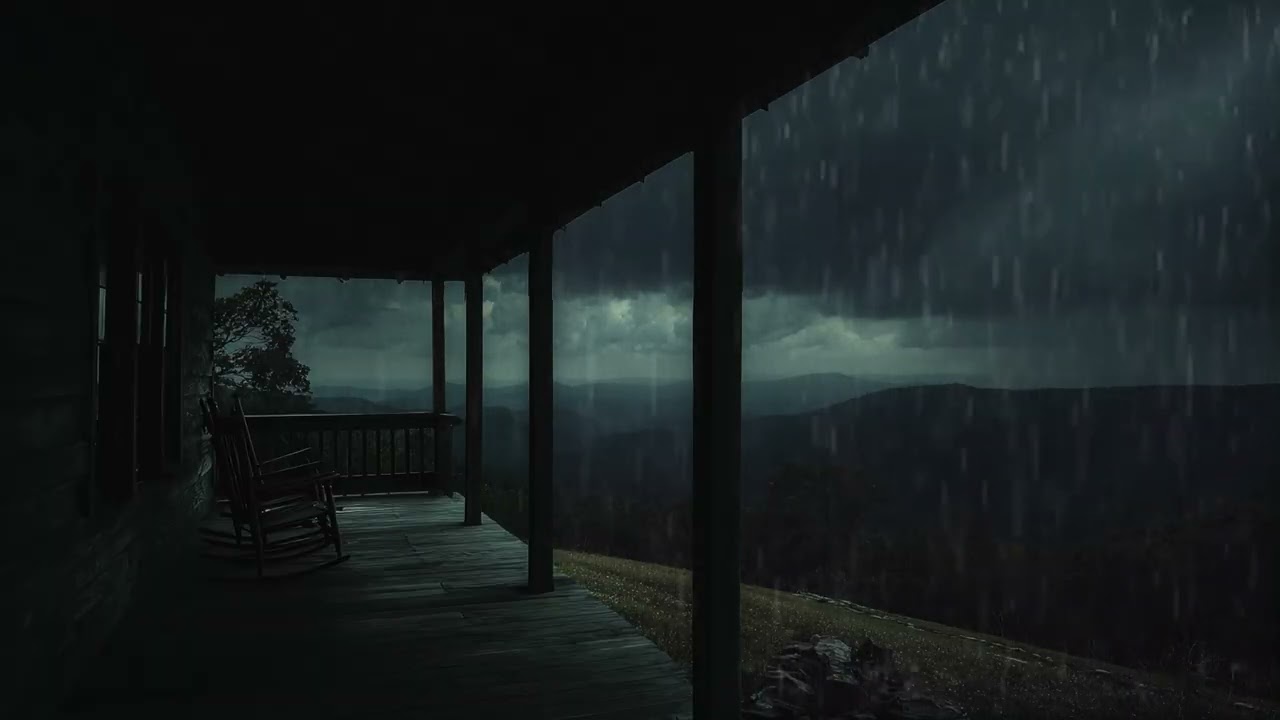 Thunderstorm Ambience on a Mountain Cabin Porch – Rain & Distant Thunder for Deep Sleep & Focus