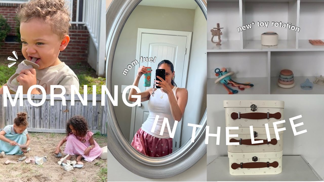 productive mom morning routine | sahm of 3 timestamped | toy rotation, unboxing aesthetic toys