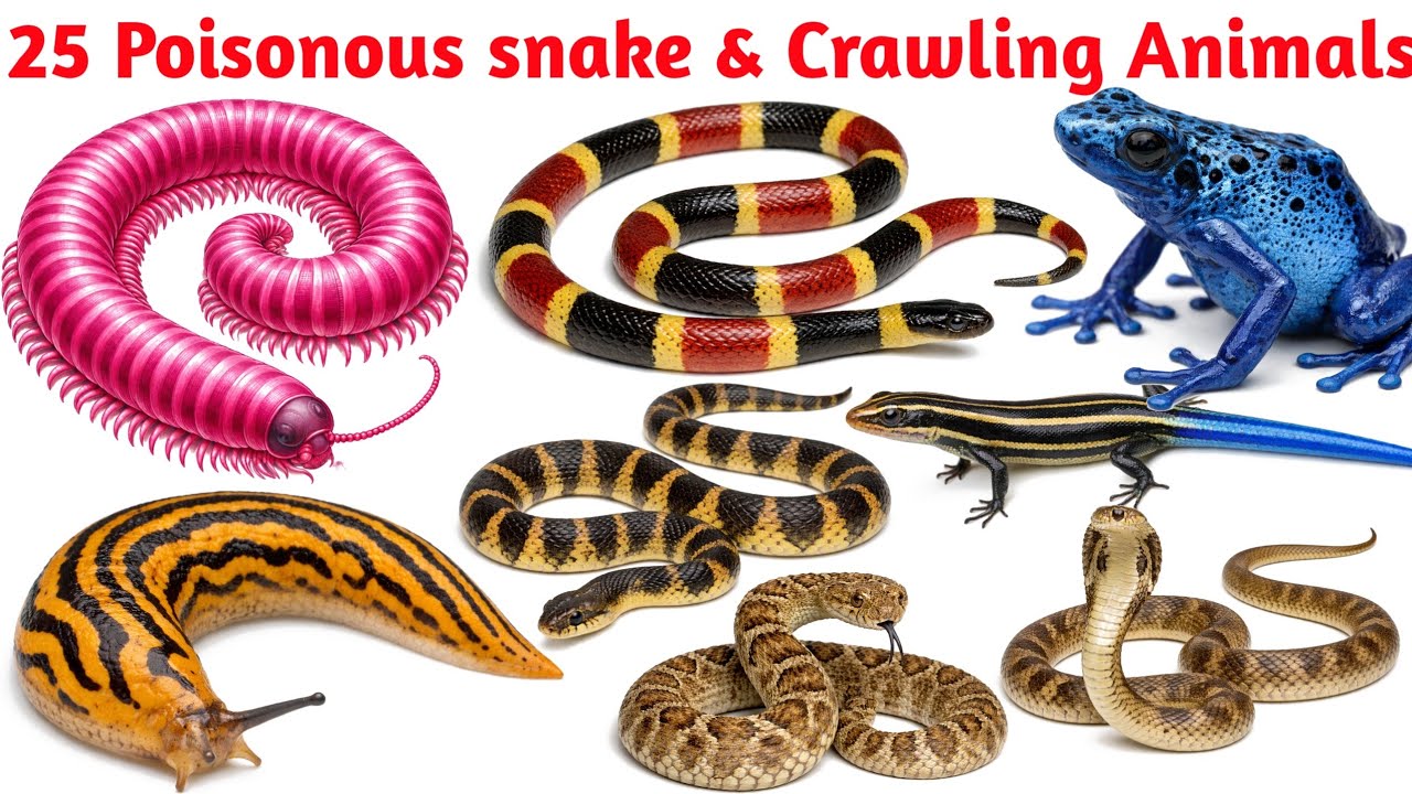 25 ज़हरीले साँप और रेंगने वाले जानवर | 25 Poisonous Snake & Crawling Animals Names English| For Kids