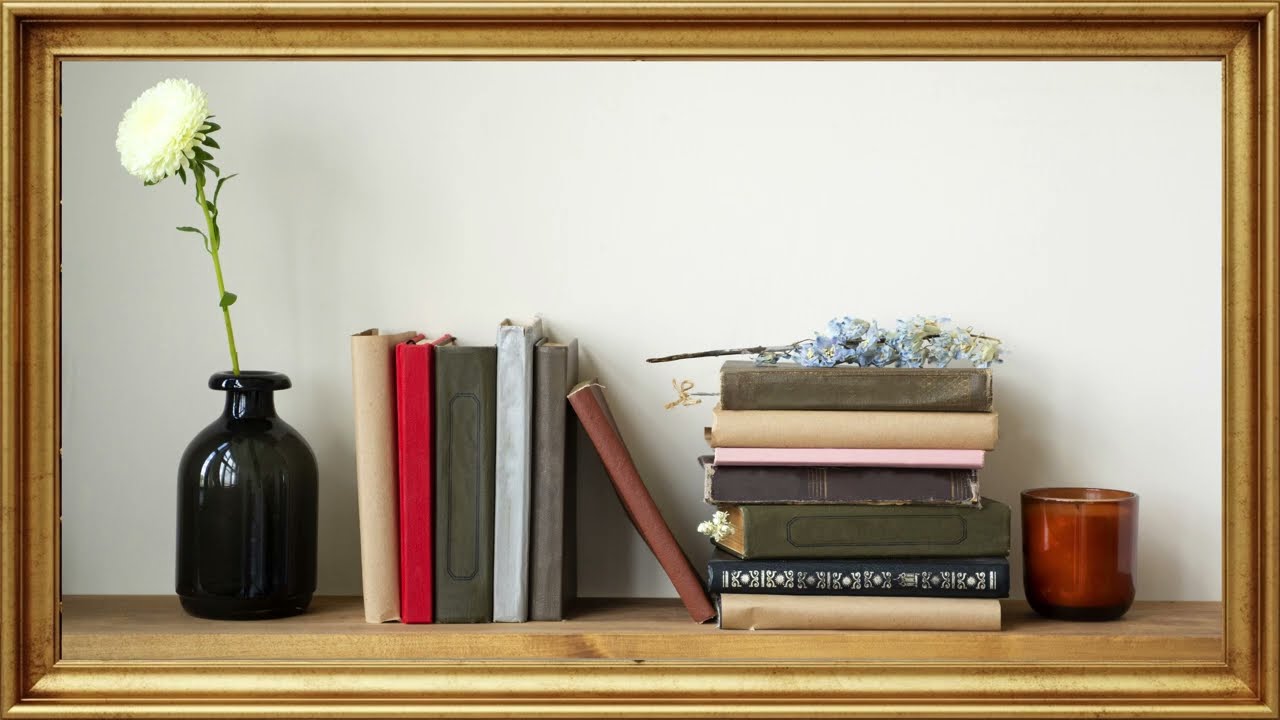 TV Frame 4K Books Arrangement Shelf with Blue Flower