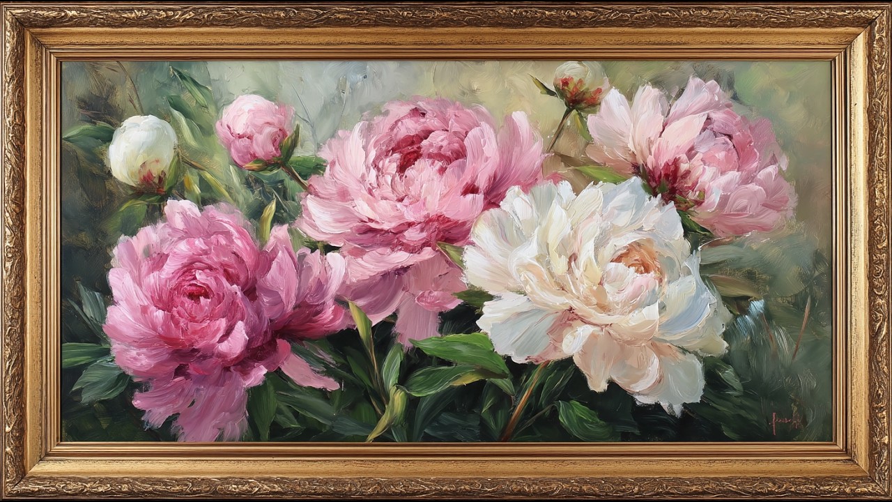 Peony Blossoms | Turn Your TV Into Art | Vintage Floral Oil Painting | TV Framed Art | 3 Hours