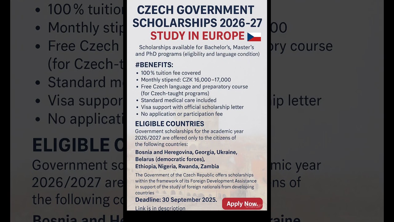 Czech Government Scholarships 2026-27 | Study in Europe #scholarship #czech #1k #2026 #europe