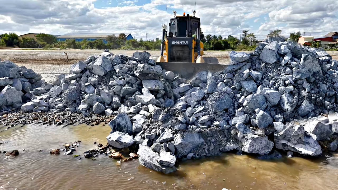 Huge Land Reclamation Project! Bulldozer Pushing Stone Transforming Lake to Land