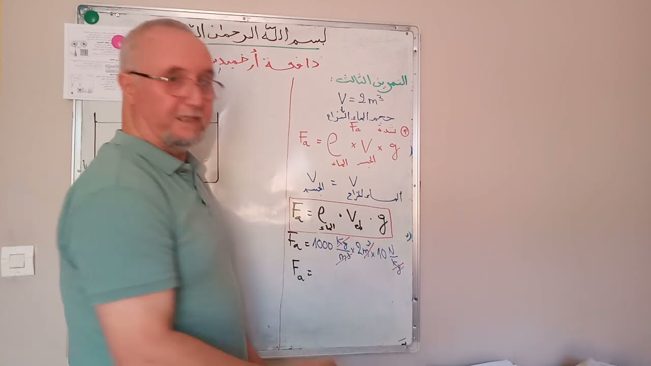 الميدان : الظواهر الميكانيكية دافعة أرخميدس  حل تمرين يتناول وضعية يكون الجسم مستقرا في الماء