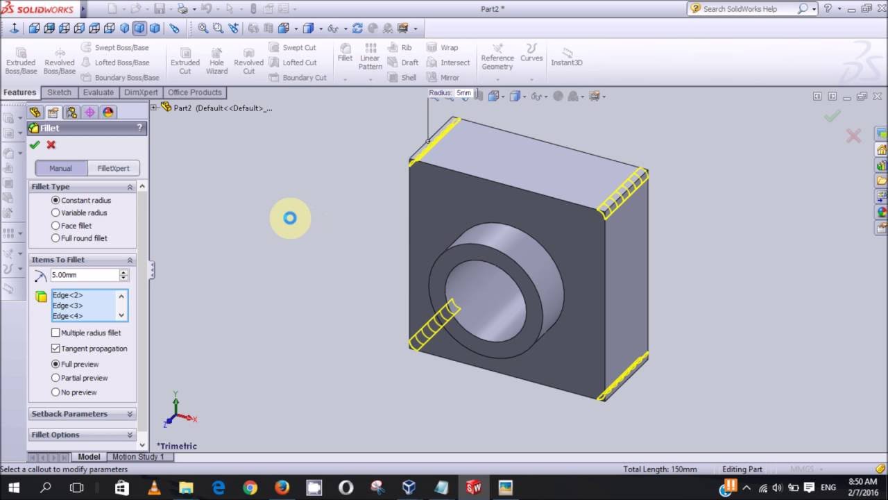 SolidWorks Tutorial 2016: Lesson 2: Fillet and Shell
