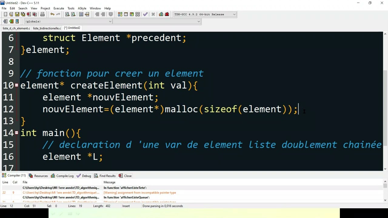 Créer liste doublement  chainées en langage C exercice corrigé