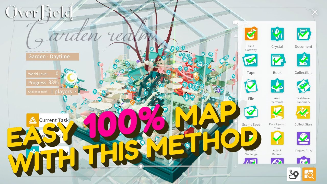 100% Map Shown by Unlocking All Landmarks Garden Realm: Day time | Overfield