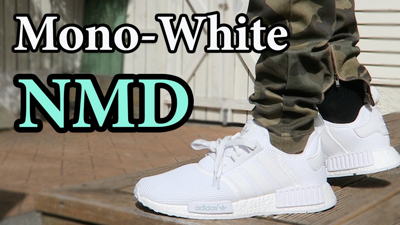 Adidas Mono-White NMD R1 (White-Out) Close up & ON-FEET w/ Different Pants