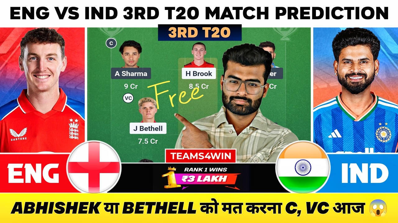 ENG vs IND Dream11 Team, ENG vs IND Dream11 Prediction, England vs India Dream11 3rd T20I Today
