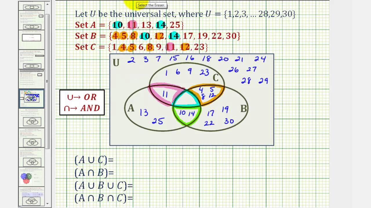 Ex: Find Intersections and Unions of Three Sets Using a Venn diagram (long)