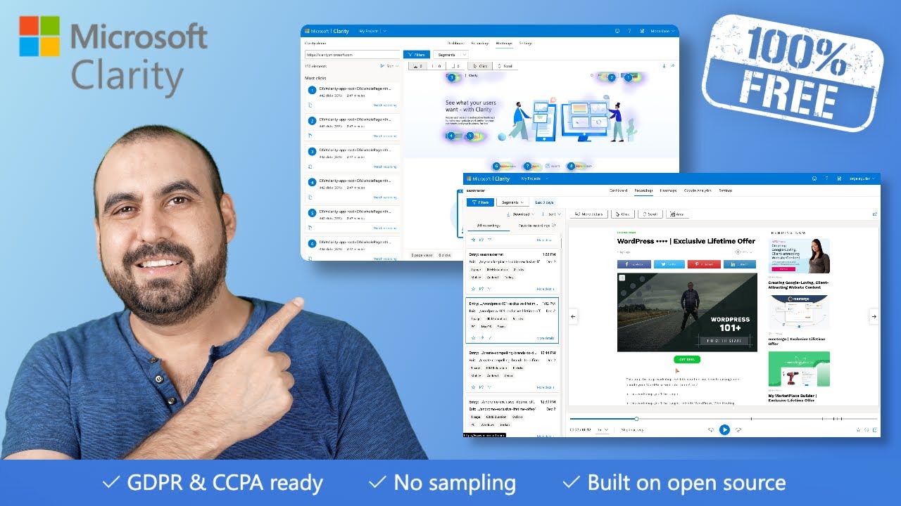 Microsoft Clarity БЕСПЛАТНО предоставляет записи веб-пользователей, тепловые карты и аналитику.