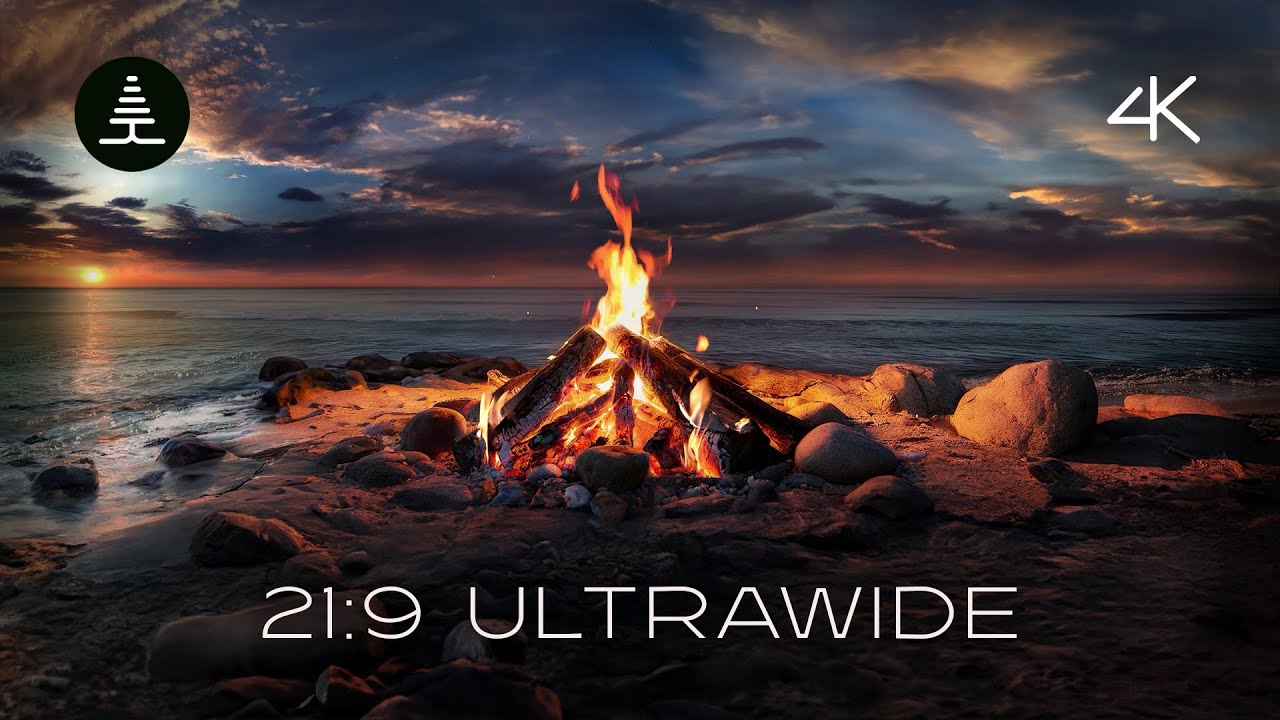 21:9 Ultrawide Beach Campfire | Soothing Bonfire with Ocean Waves 4k