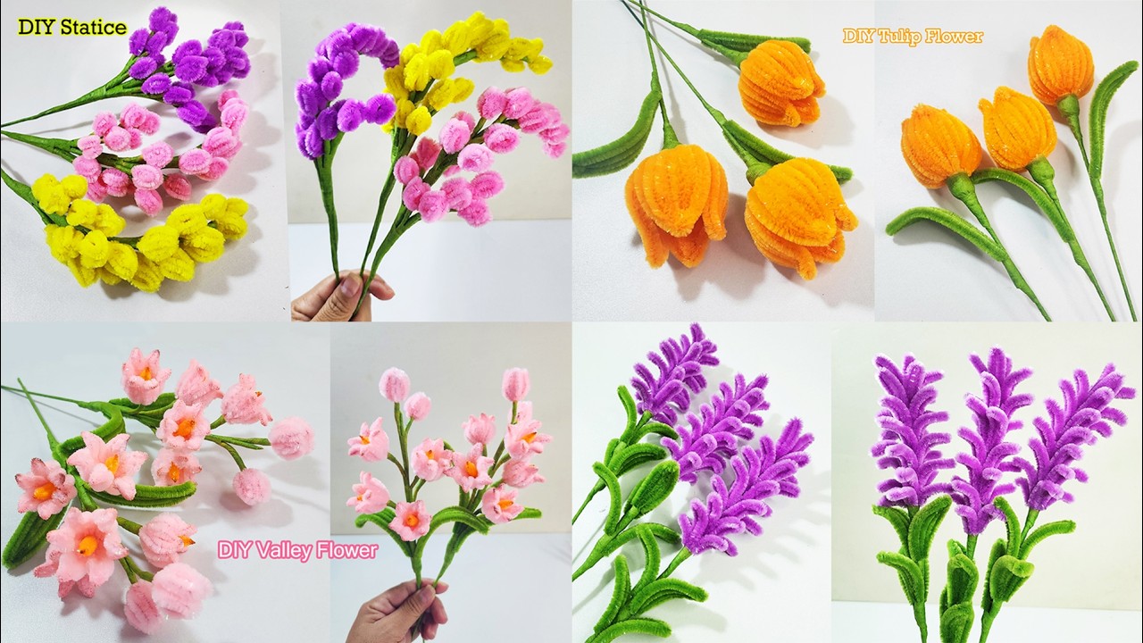 4 Easy DIY Pipe Cleaner Flowers 🌸 Tulip, Statice, Valley & Lavender | Handcraft Sreyneang