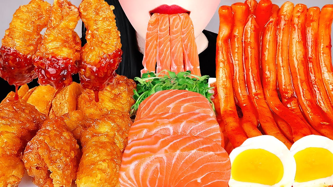 ASMR RAW SALMON, SPICY TTEOKBOKKI, KOREAN CHICKEN 누들떡볶이(요리), 연어회, 교촌허니콤보 먹방 COOKING & EATING MUKBANG