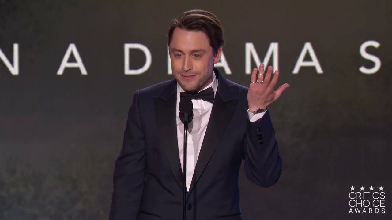 Kieran Culkin accepts his Best Supporting Actor in a drama series award at the Critics Choice Awards