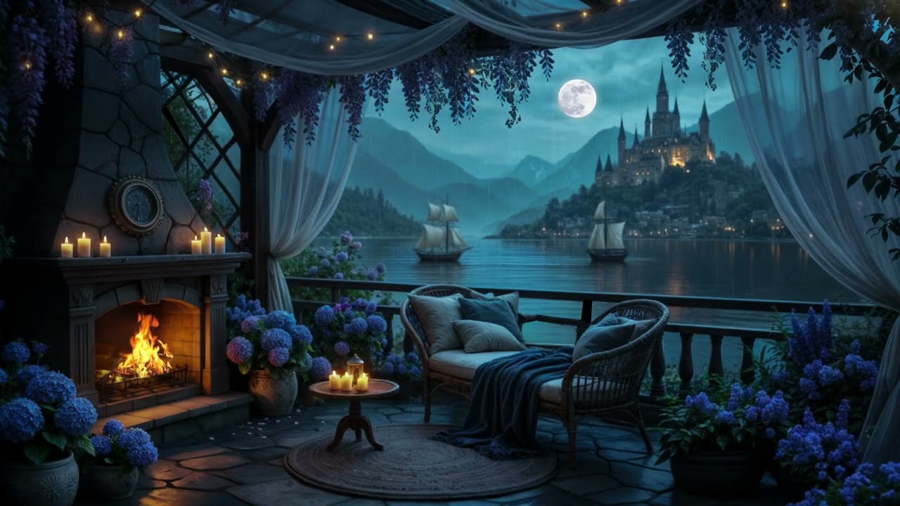 Fairytale Lakeside Evening🏰Cozy Fireplace, Soft Rain & Magical Castle Ambience for Deep Sleep & Calm