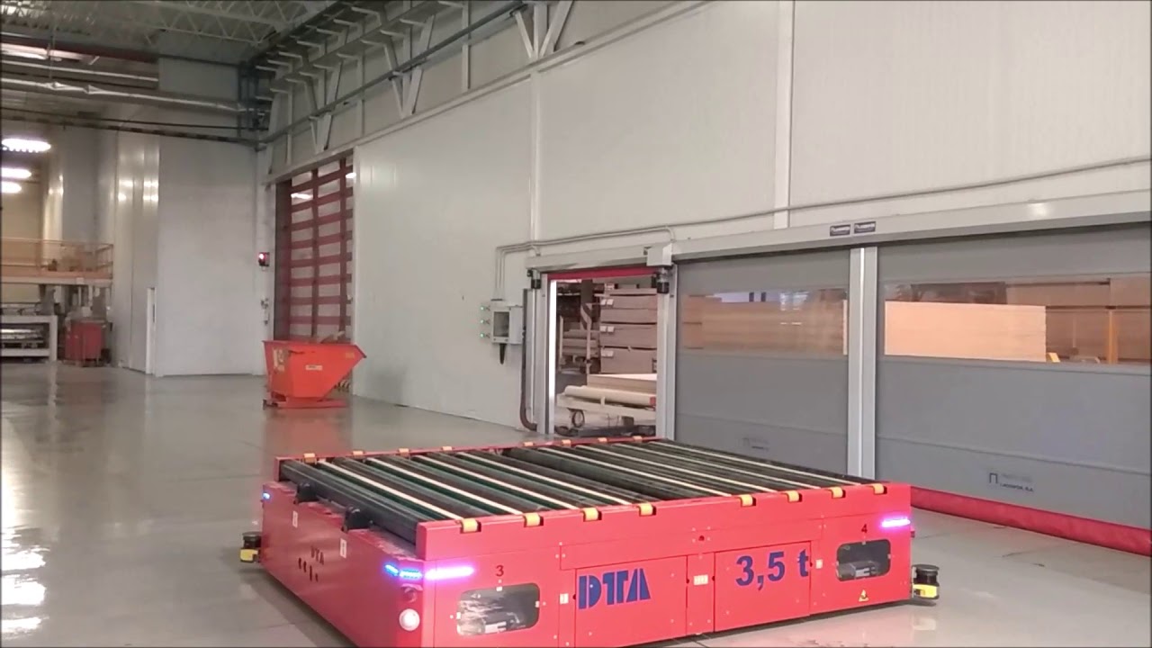 Roller conveyor AGV for transfering wooden boards.