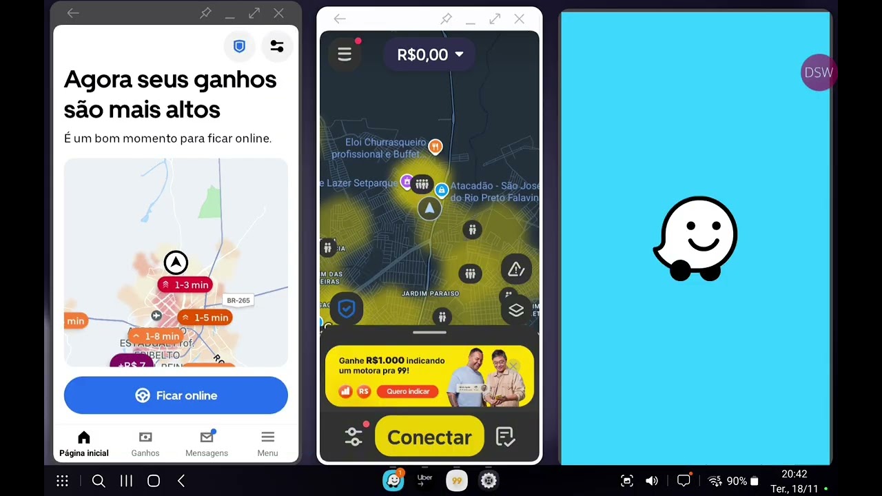 Uber + 99 + Waze AO MESMO TEMPO no Galaxy Tab A9+ (e 99 na Horizontal com DeX)