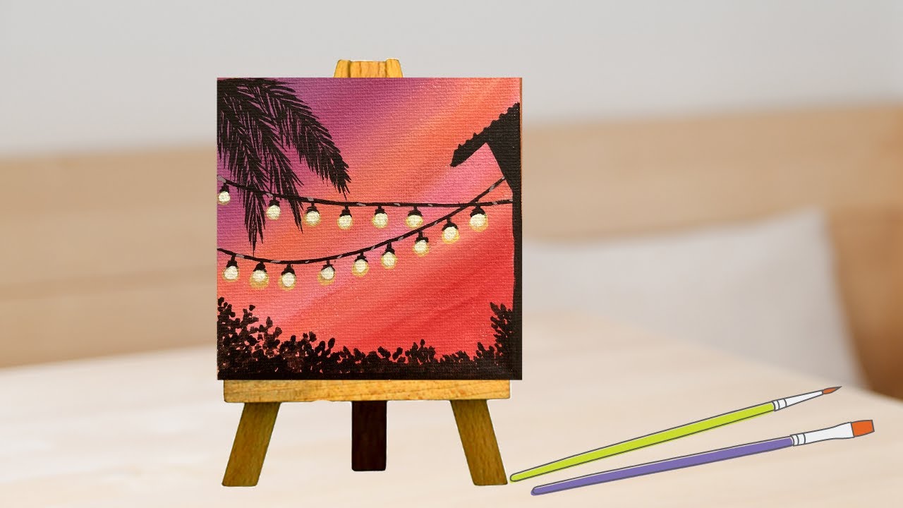 String Lights Acrylic Painting For Beginners / Mini Canvas Painting for beginners