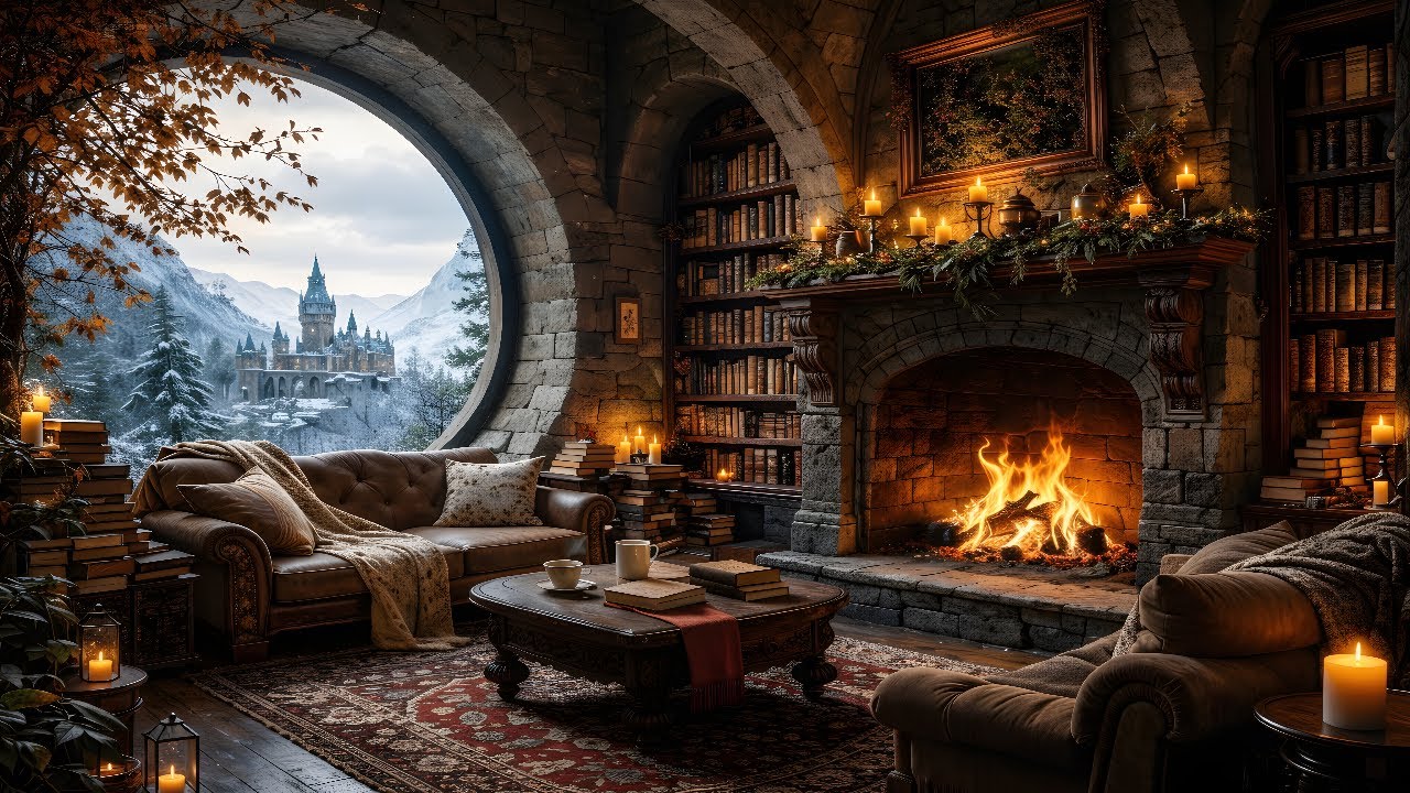 Snowy Castle View & Cozy Fireplace Ambience ❄️🔥 Relaxing Winter Night for Sleep, Study & Relaxation