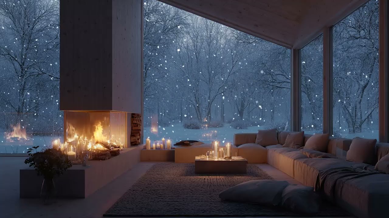🤍❄️Gentle White Piano Music | Snowfall at Window & Cozy Fire for Calm Focus and Sleep