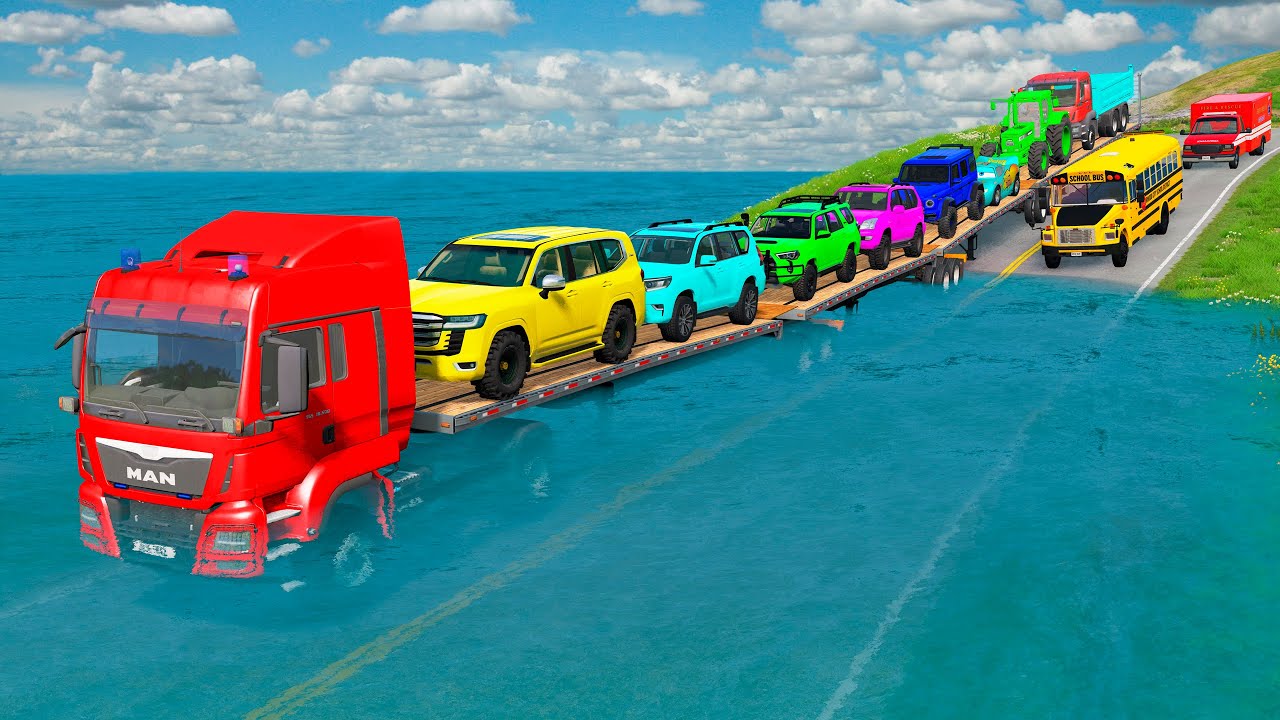 Triple Flatbed Trailer McQueen Transportation with Truck - Speedbumps vs Cars vs Train - BeamNG #242