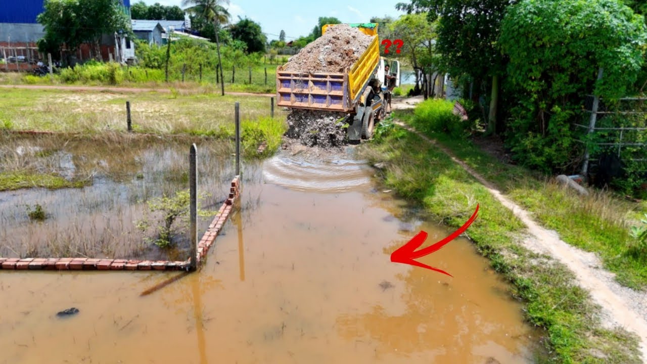 Perfectly First Starting a New PROJECT!! Landfill On Water Making Road Village by Dozer With Truck