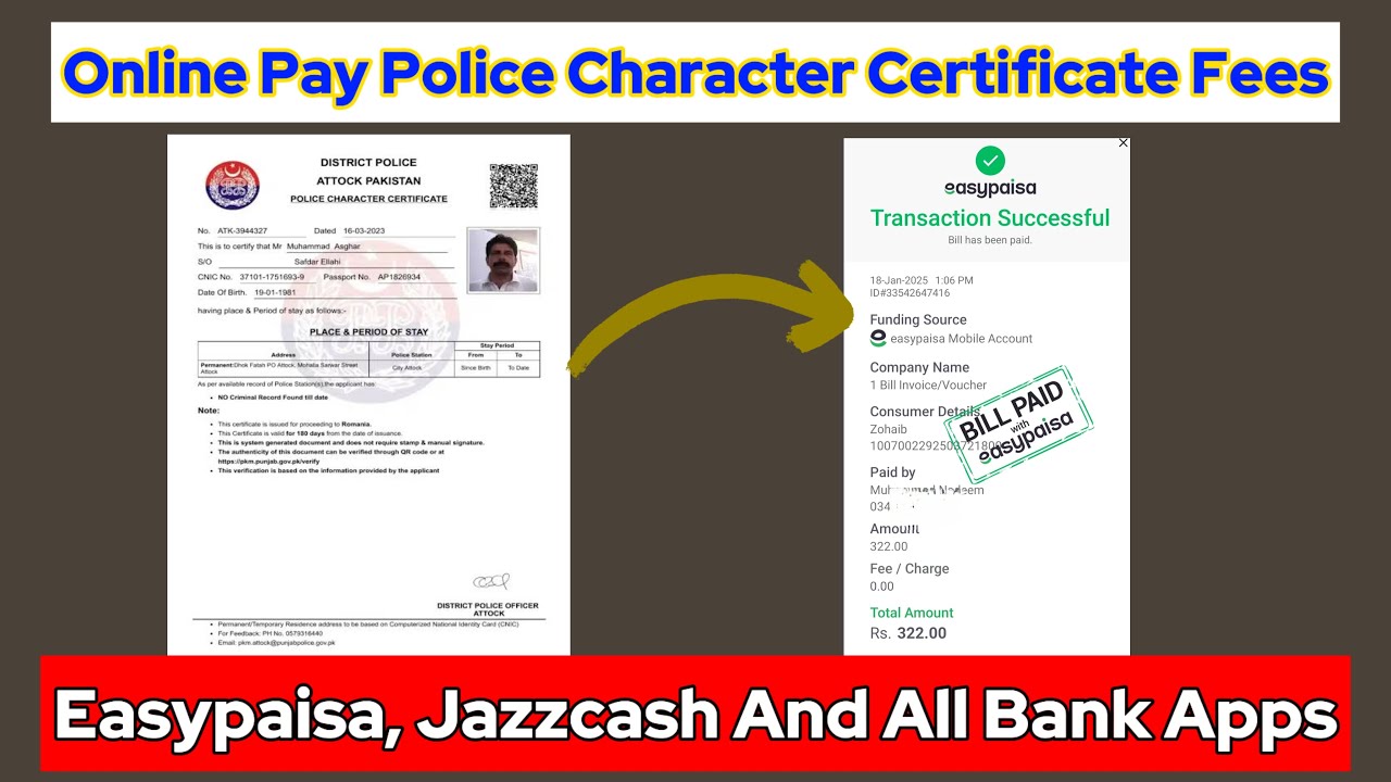 How to pay police character certificate fees online through Easypaisa Jazzcash and Bank Accounts