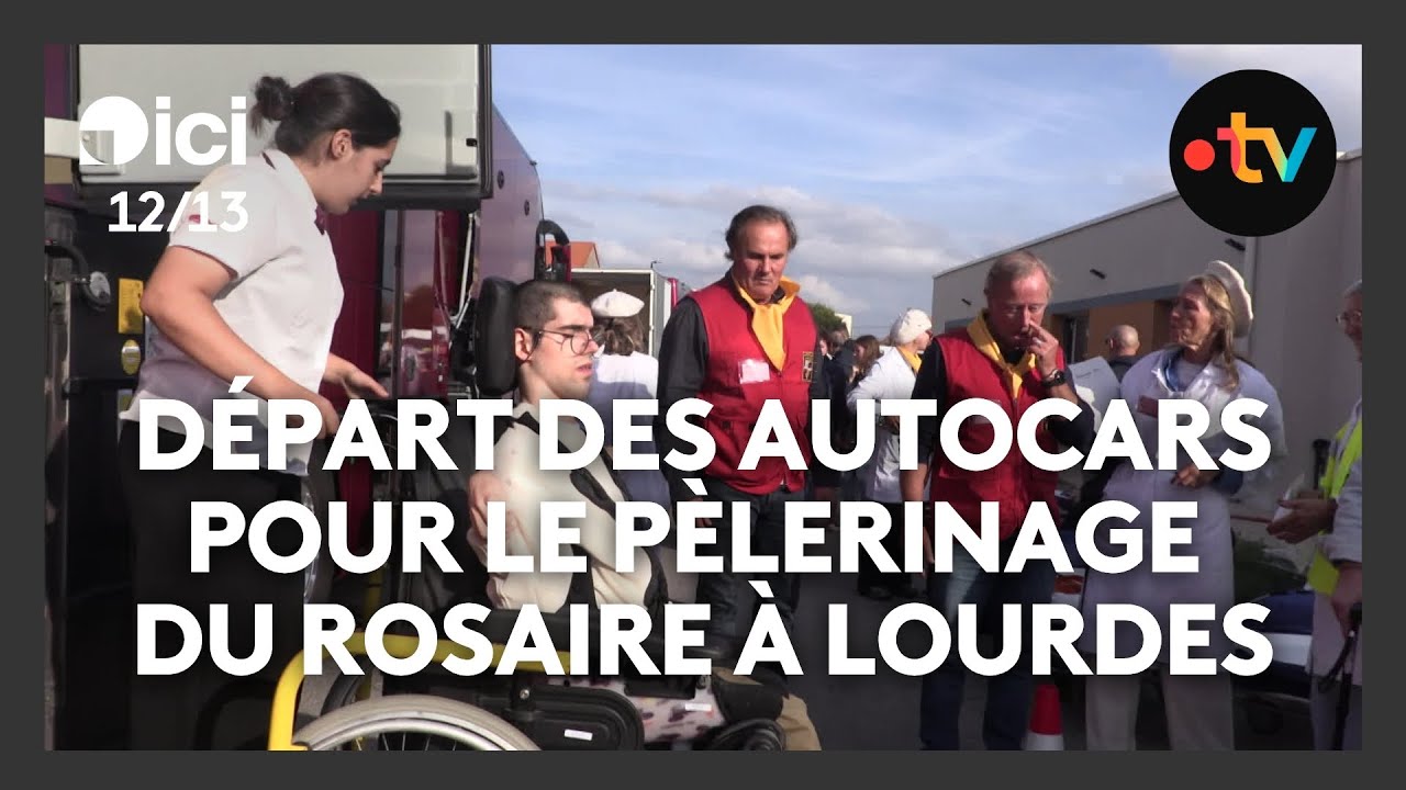 D&eacute;part des autocars de malades pour le p&egrave;lerinage du Rosaire &agrave; Lourdes