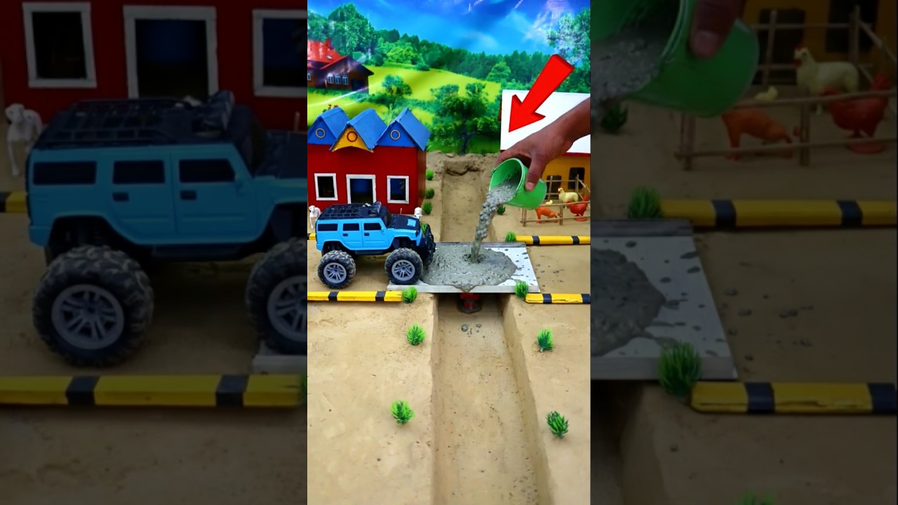 RC car fall into canal and then rescued and concrete bridge build/#shorts