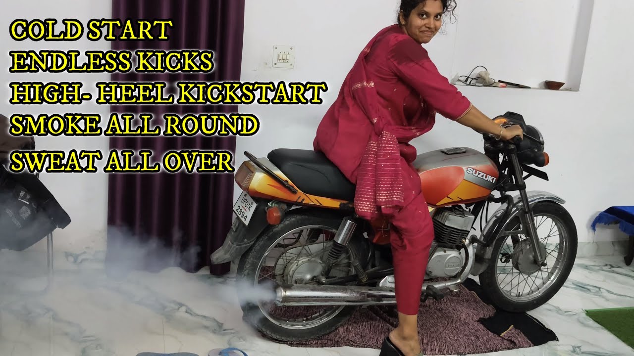 GIRL STRUGGLE WHILE COLD KICKSTART TVS SUZUKI SAMURAI  WITH HIGH-HEELS👠👠👠|| #girlrider #samurai