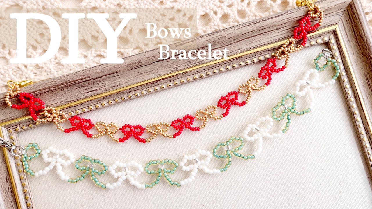 DIY🎀Beaded Cute Bows Bracelet with Seed Bead|リボンブレスレットの作り方♪テグス編み|ちょうちょ結び|choker|tutorial|bowknot