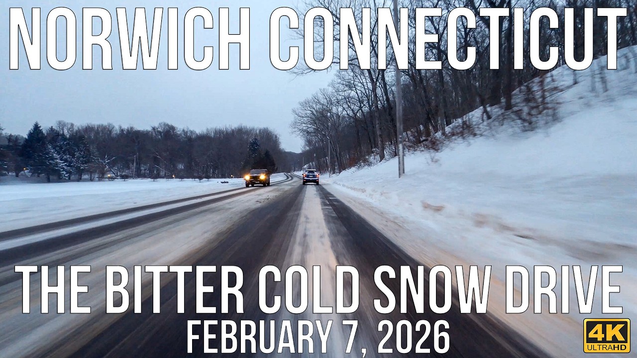 Norwich, Connecticut in Bitter Cold | 4 Inch Snow Drive | Narrated | 4K 60fps