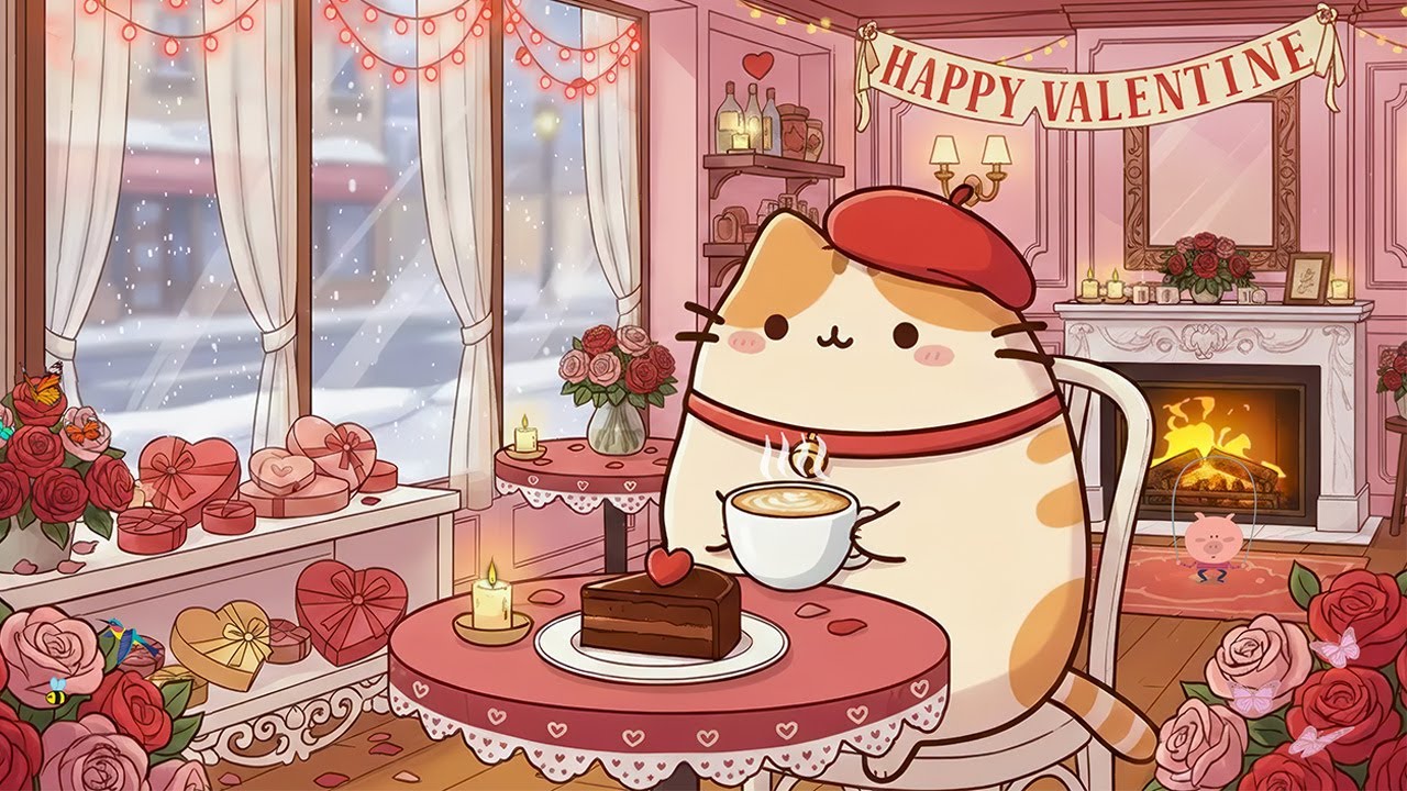 Sweet Valentine Jazz with Mochi Cat 💖 Lofi Jazz Music ☕ Cozy Café & Chill Beats for Romantic Mood