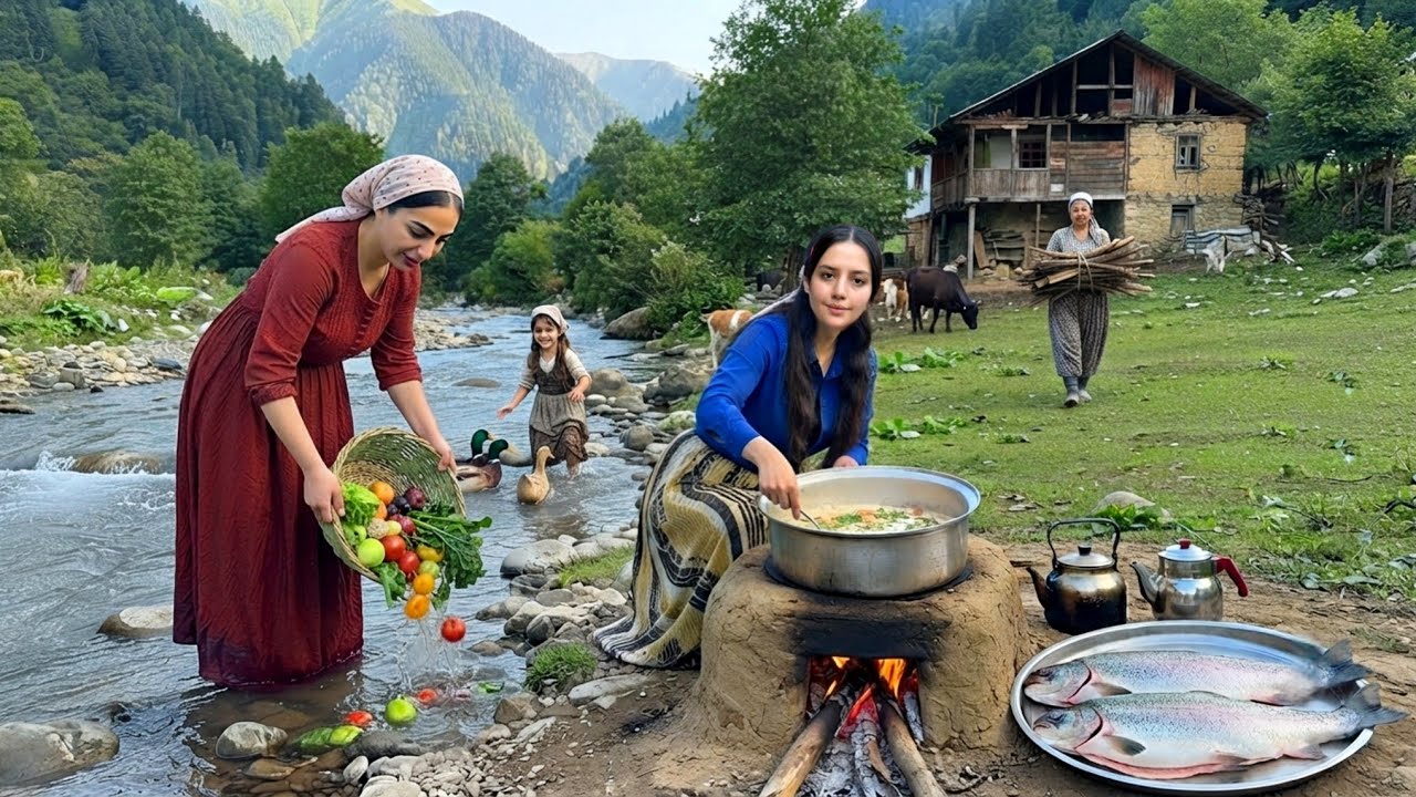 Rural life in Iran: Cooking fish with mushroom sauce and rice