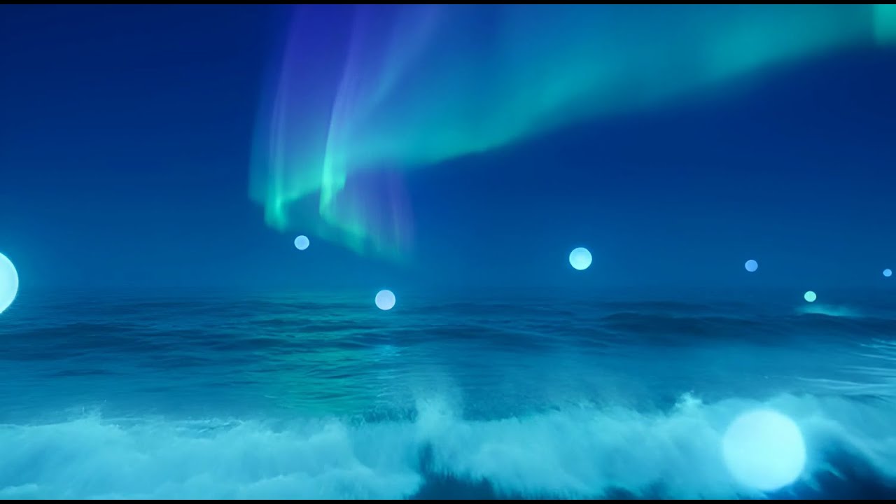Ocean waves reflecting aurora, floating glowing orbs, mediation music